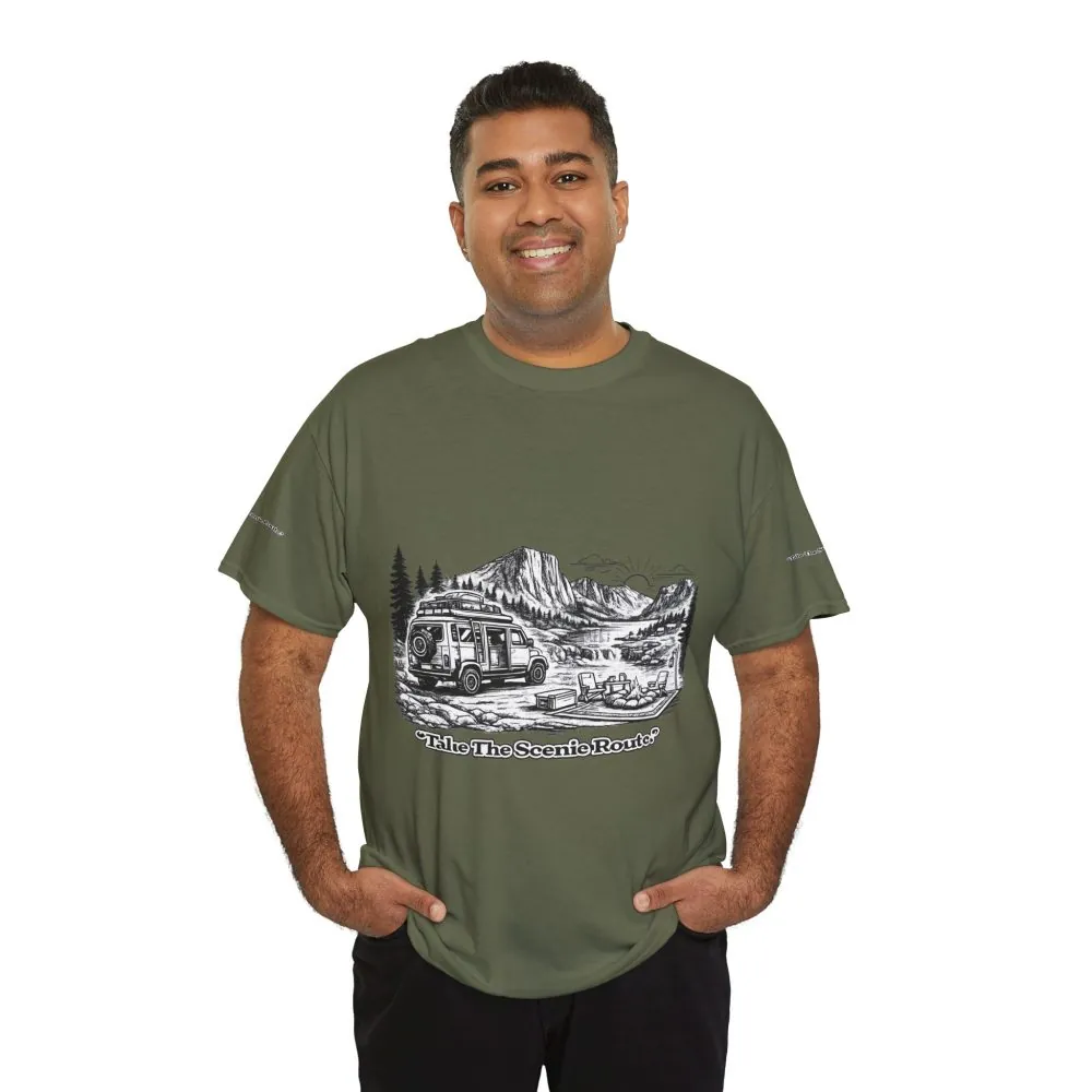 Unisex Heavy Cotton Tee — "Take The Scenic Route" Design Minimal-Line