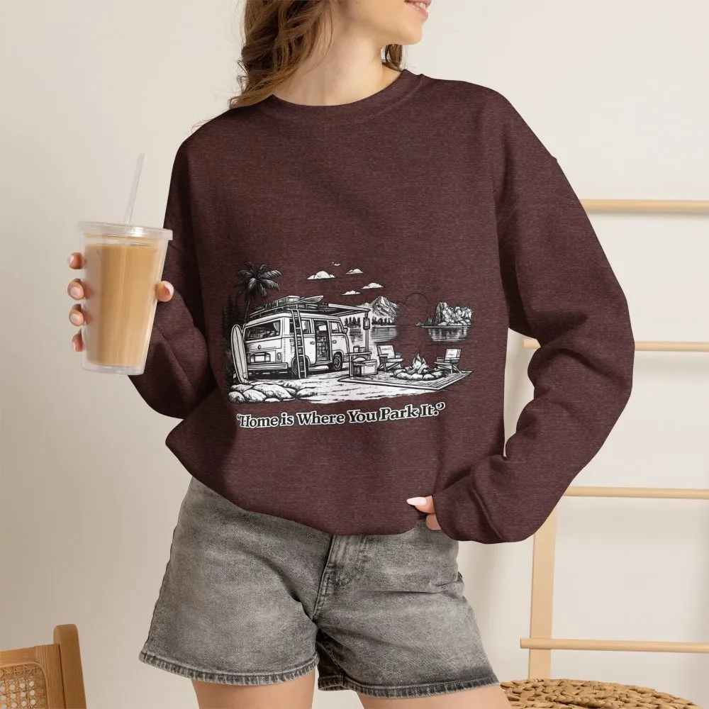 Unisex Heavy Blend™ Crewneck Sweatshirt — "Home Is Where You Park It" Design Minimal-Line