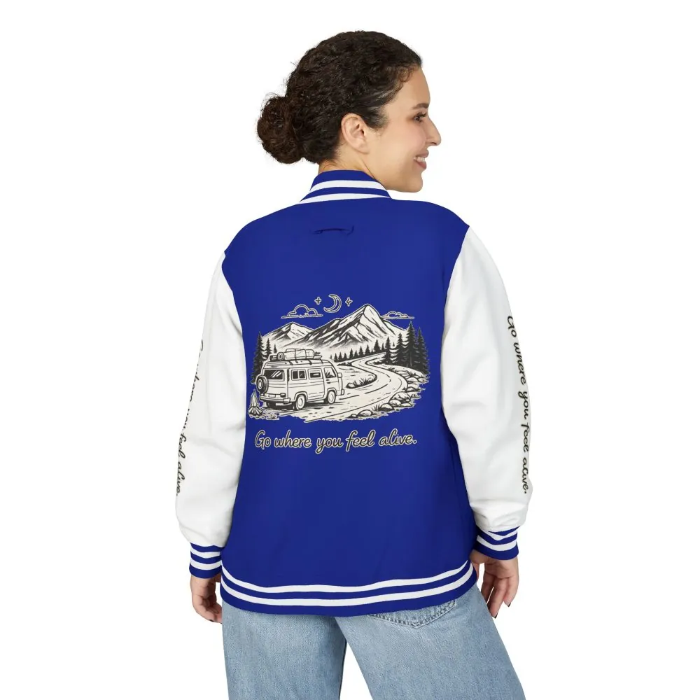 Unisex Heavyweight Letterman Jacket — "Go Where You Feel Alive" Travel Varsity Coat