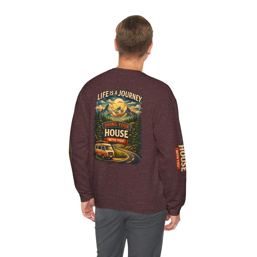 Unisex Heavy Blend™ Crewneck Sweatshirt — "Live Is A Journey-Bring Your House With You" Design Scenic-Line