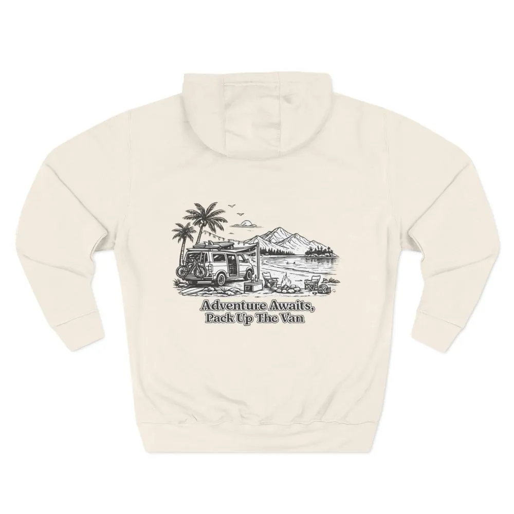 Three-Panel Fleece Hoodie - "Adventure Awaits,Pack Up The Van" Design Minimal-Line
