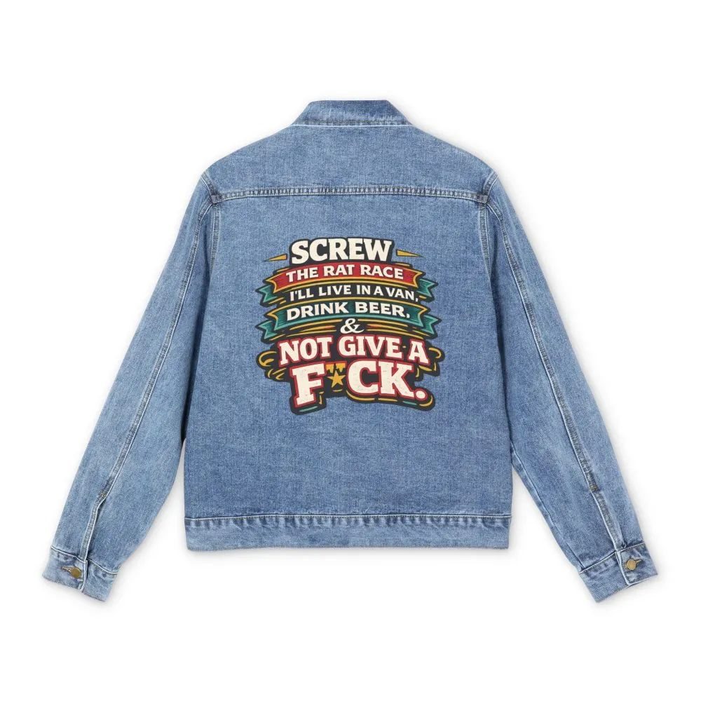 2055316809561690841_2048.jpeg Men's Denim Jacket — "Screw The Rat Race" Design F**K-Line