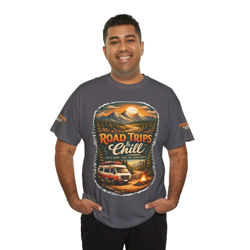 Unisex Heavy Cotton Tee — "Road Trips & Chill" Design Scenic-Line