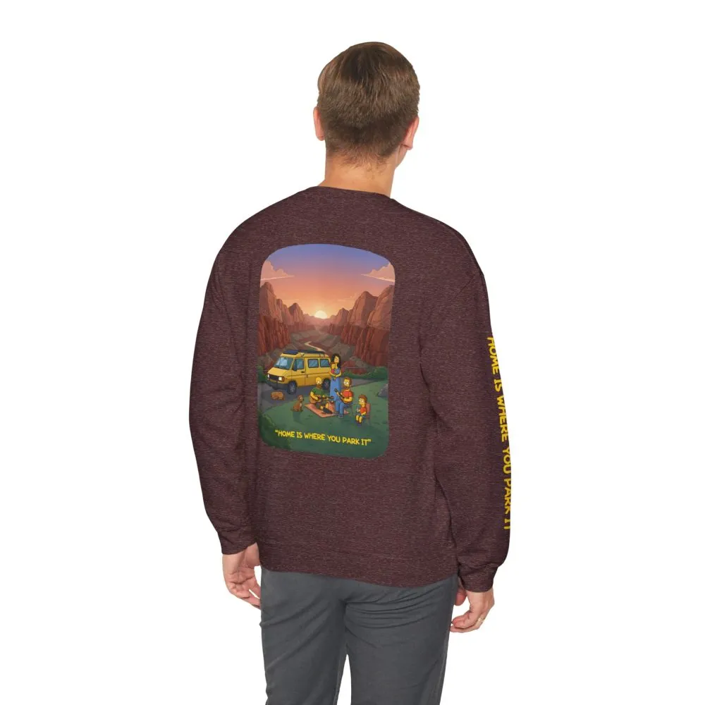 Unisex Heavy Blend™ Crewneck Sweatshirt — "Home Is Where You Park It" Design Sitcom-Line