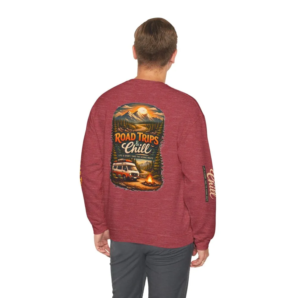 Unisex Heavy Blend™ Crewneck Sweatshirt — "Road Trips & Chill" Design Scenic-Line