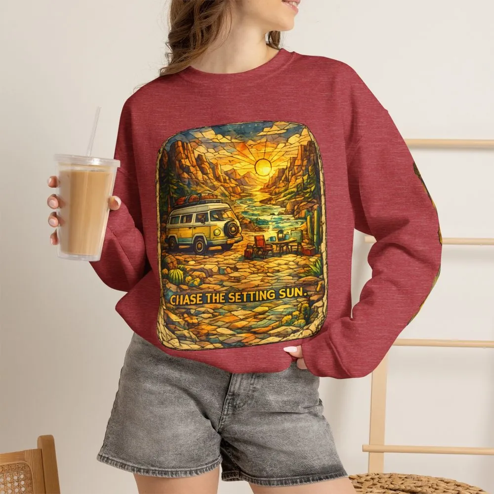 Unisex Heavy Blend™ Crewneck Sweatshirt — "Chase The Settings Sun" Design Cubic-Line