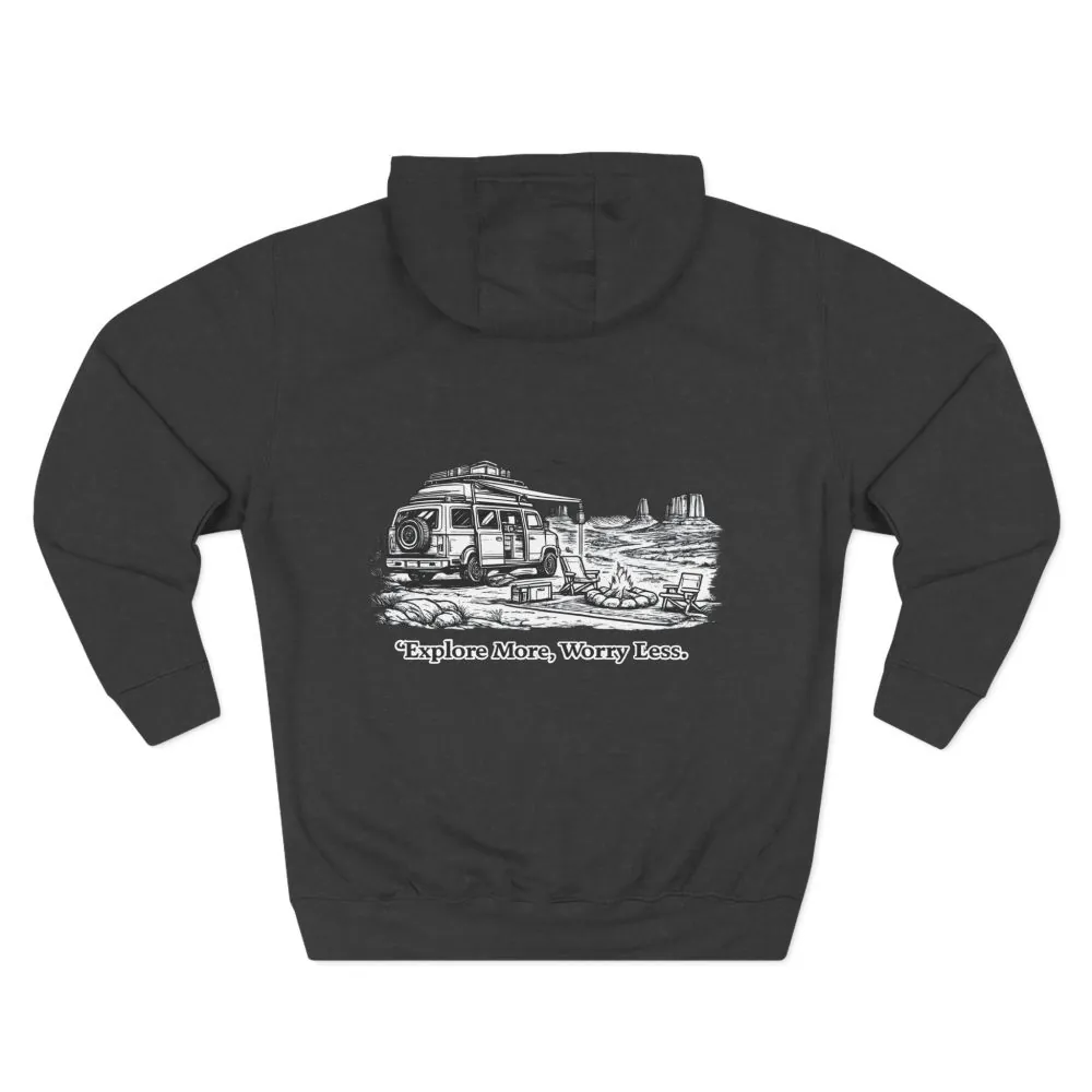 Three-Panel Fleece Hoodie - "Explore More Worry Less" Design Minimal-Line