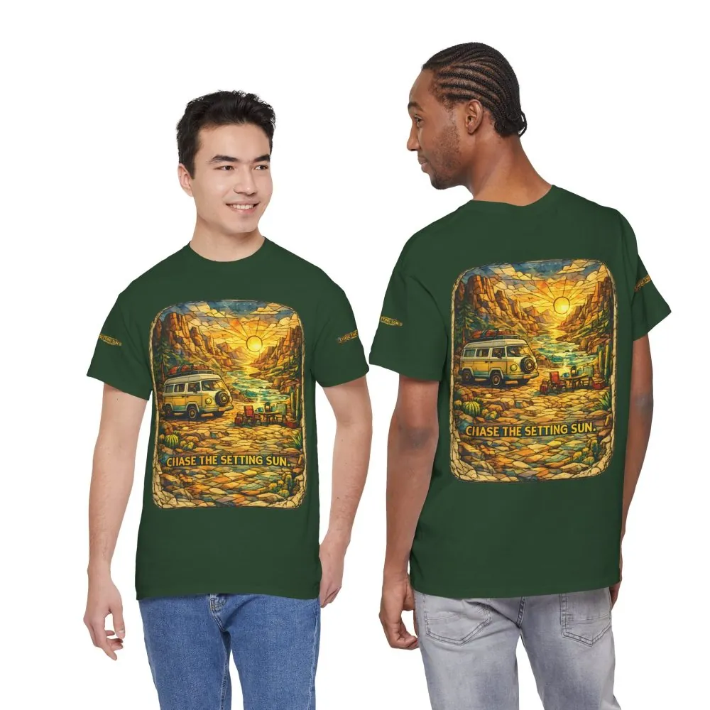 Unisex Heavy Cotton Tee — "Chase The Settings Sun" Design Cubic-Line