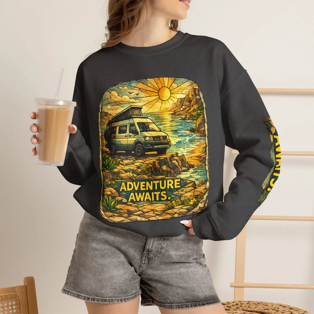 2102519920882971816_2048.jpeg Unisex Heavy Blend™ Crewneck Sweatshirt — "Adventure Awaits" Design Cubic-Line