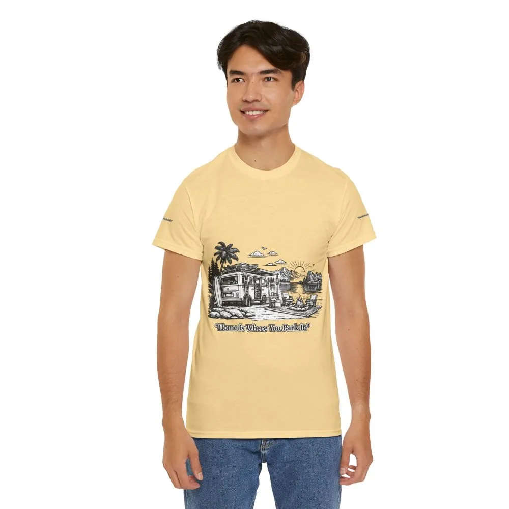 Unisex Heavy Cotton Tee — "Home Is Where You Park It" Design Minimal-Line