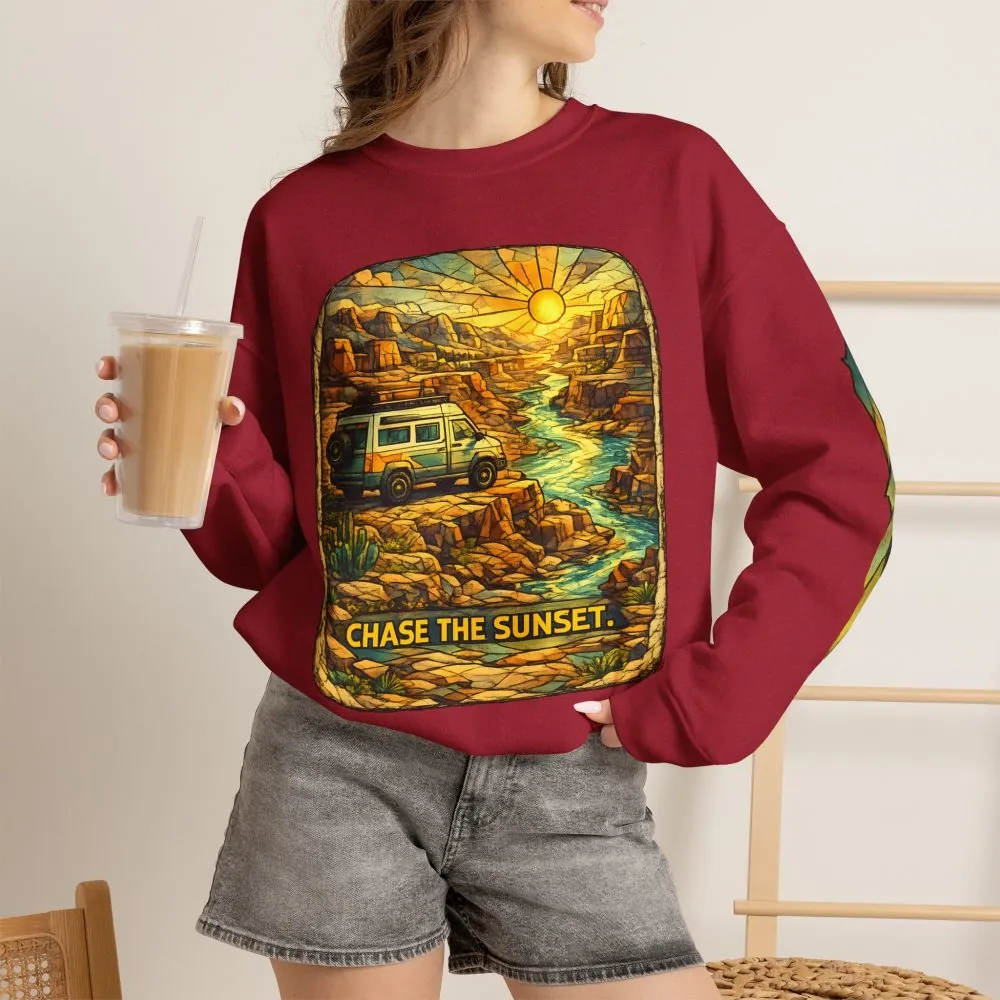 Unisex Heavy Blend™ Crewneck Sweatshirt — "Chase The Sunset" Design Cubic-Line