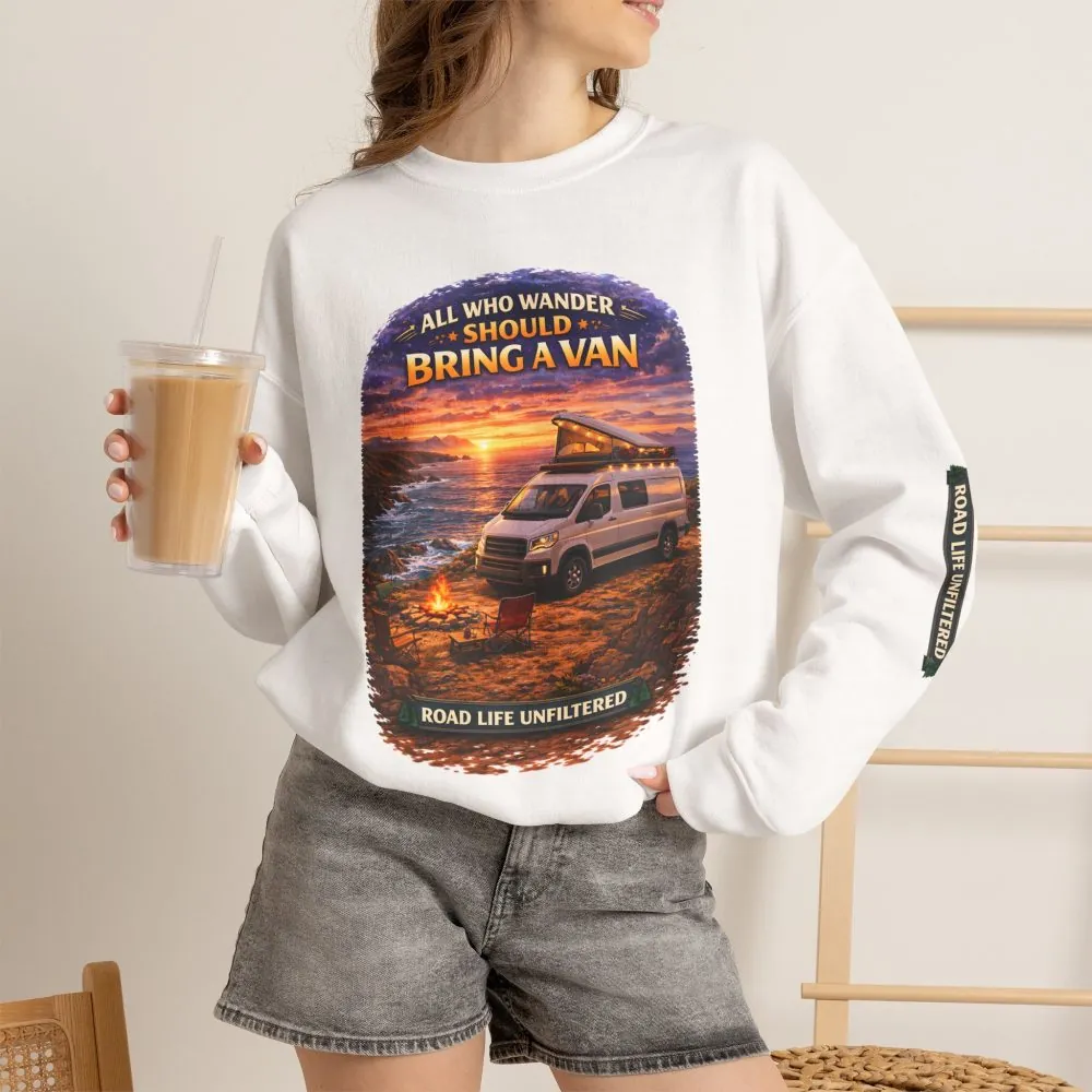 2112438270528722844_2048.jpeg Unisex Heavy Blend™ Crewneck Sweatshirt — "All Who wander Should Bring A Van" Design Scenic-Line