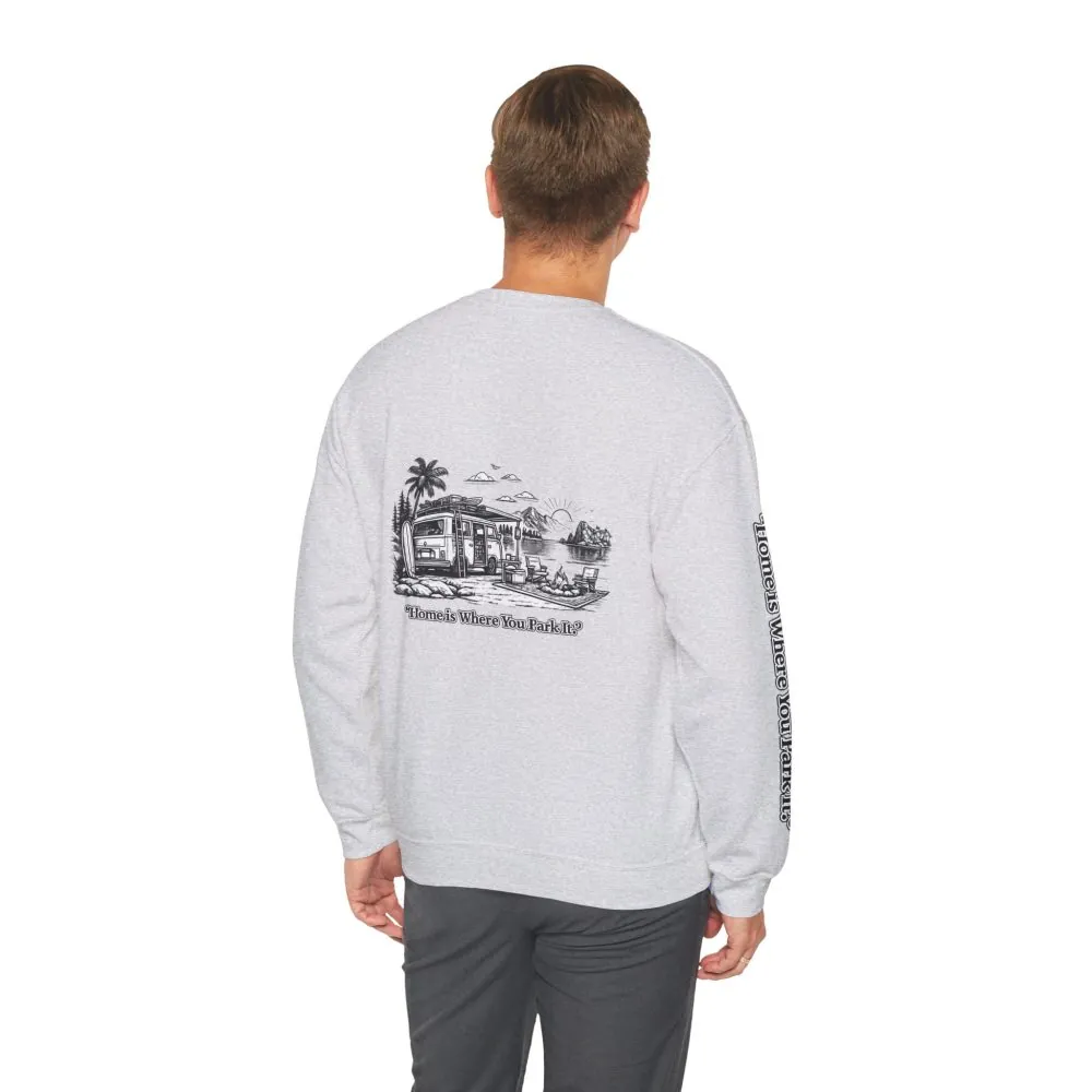 Unisex Heavy Blend™ Crewneck Sweatshirt — "Home Is Where You Park It" Design Minimal-Line