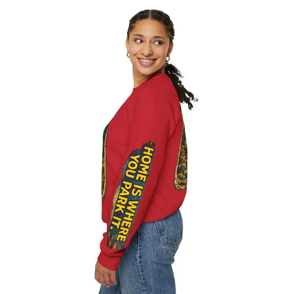 Unisex Heavy Blend™ Crewneck Sweatshirt — "Home Is Where You Park It" Design Cubic-Line