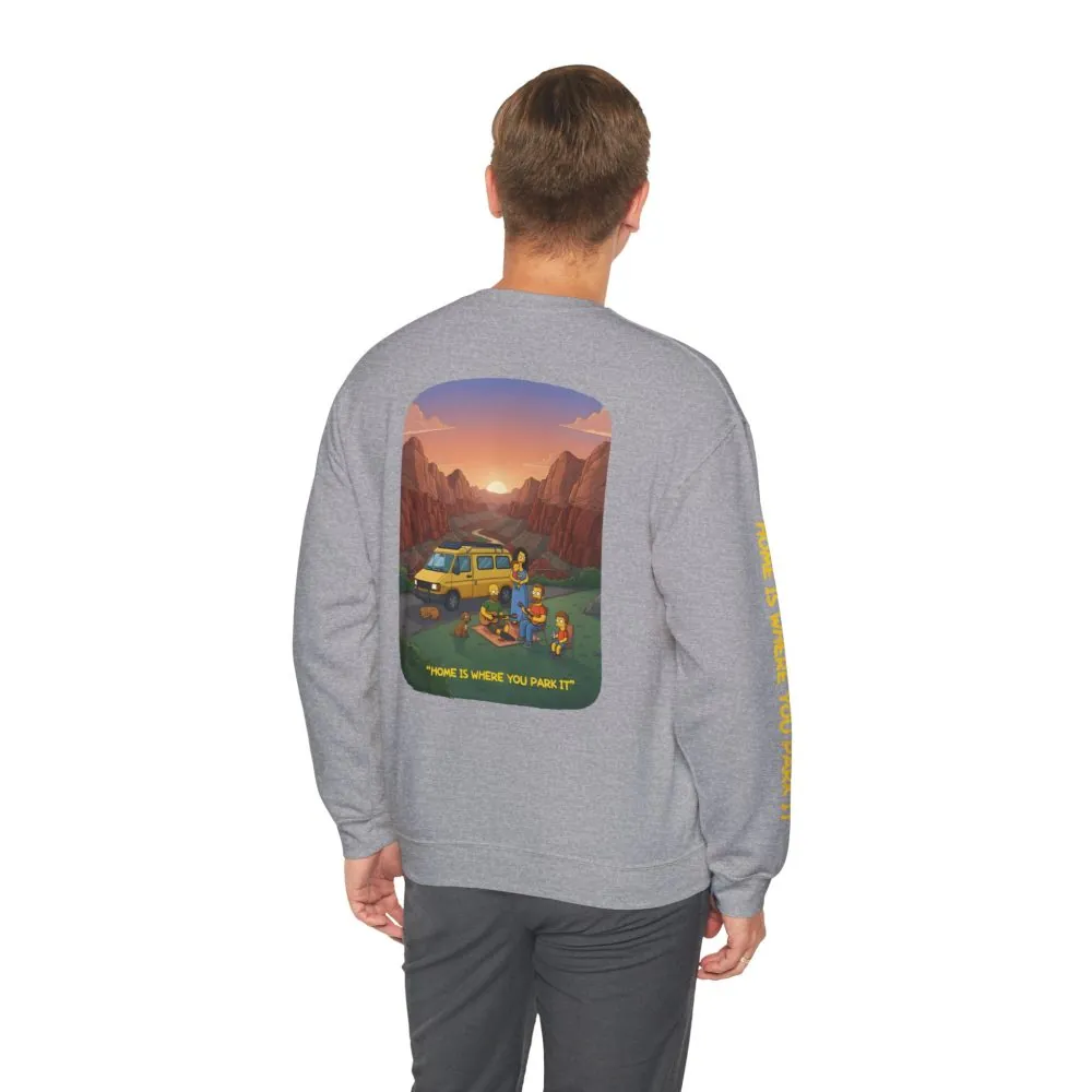 Unisex Heavy Blend™ Crewneck Sweatshirt — "Home Is Where You Park It" Design Sitcom-Line