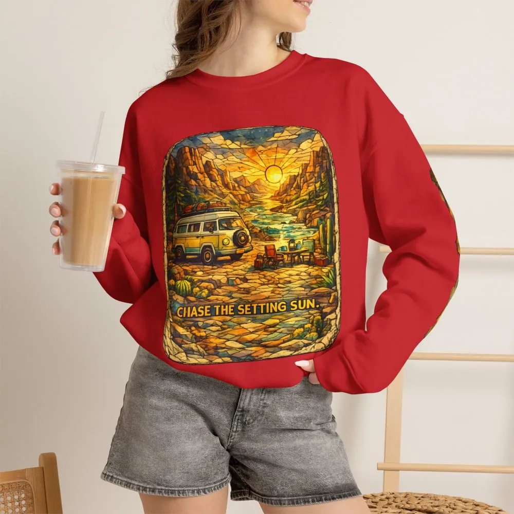 Unisex Heavy Blend™ Crewneck Sweatshirt — "Chase The Settings Sun" Design Cubic-Line