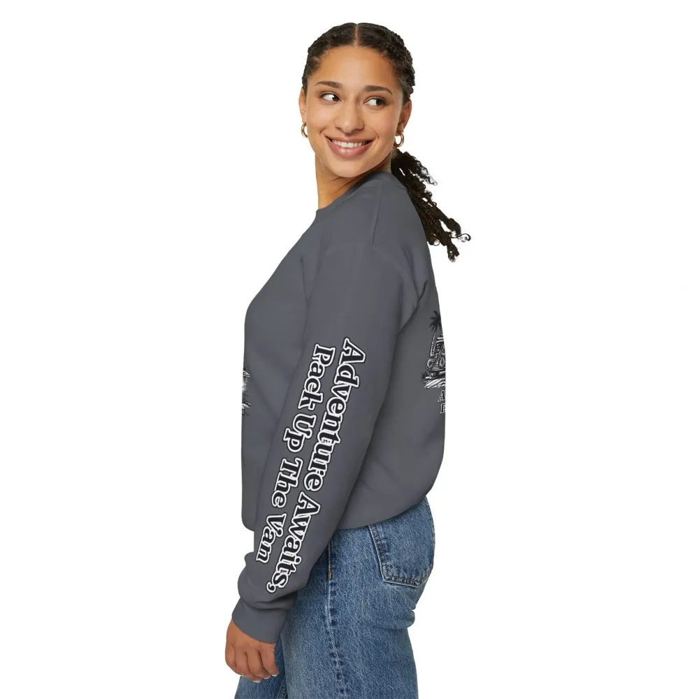 Unisex Heavy Blend™ Crewneck Sweatshirt — "Adventure Awaits,Pack Up The Van" Design Minimal-Line