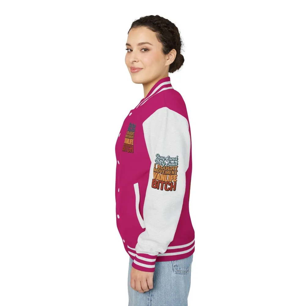 2178634725145574711_2048.jpeg Unisex Heavyweight Letterman Jacket — "Buy Land They Said" Design F**K-Line