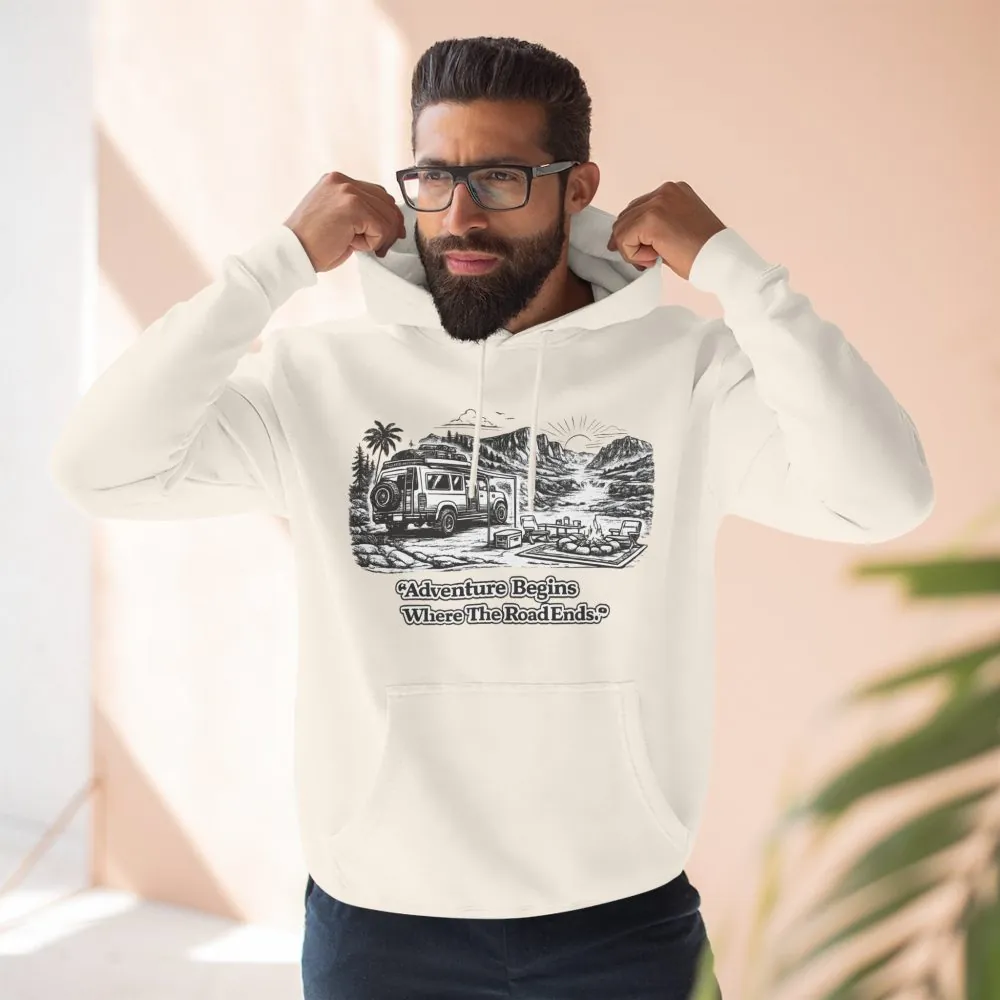 2187361809378647342_2048.jpeg Three-Panel Fleece Hoodie - "Adventure Begins Where The Road Ends" Design Minimal-Line