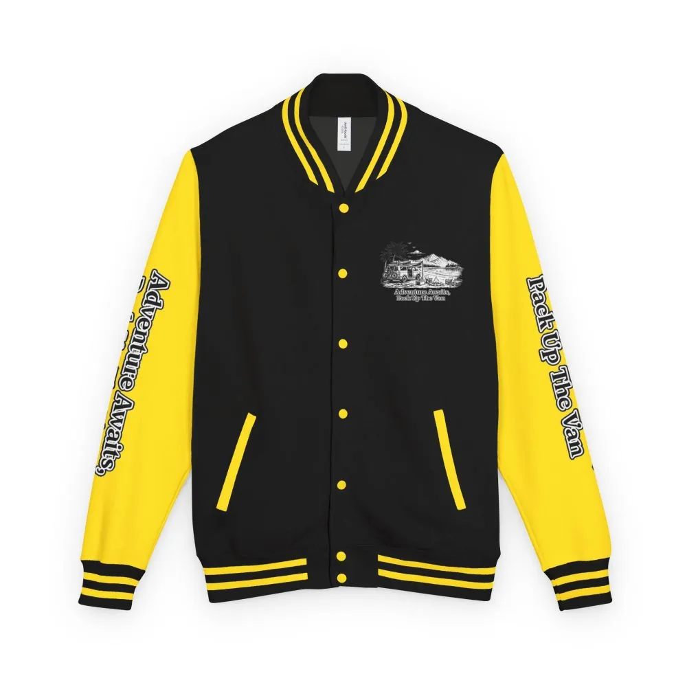 Unisex Heavyweight Letterman Jacket — "Adventure Awaits,Pack Up The Van" Travel Varsity Coat