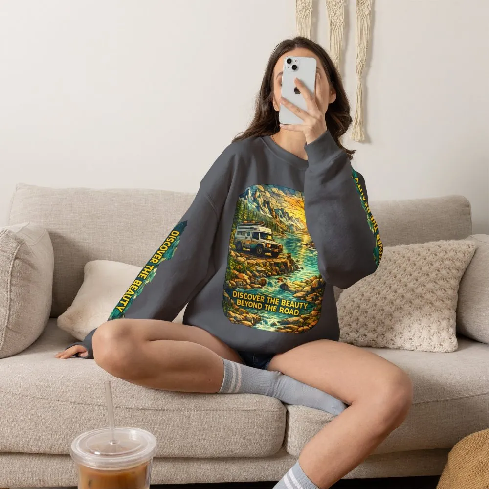 Unisex Heavy Blend™ Crewneck Sweatshirt — "Discover The Bieuty Beyond The Road" Design Cubic-Line
