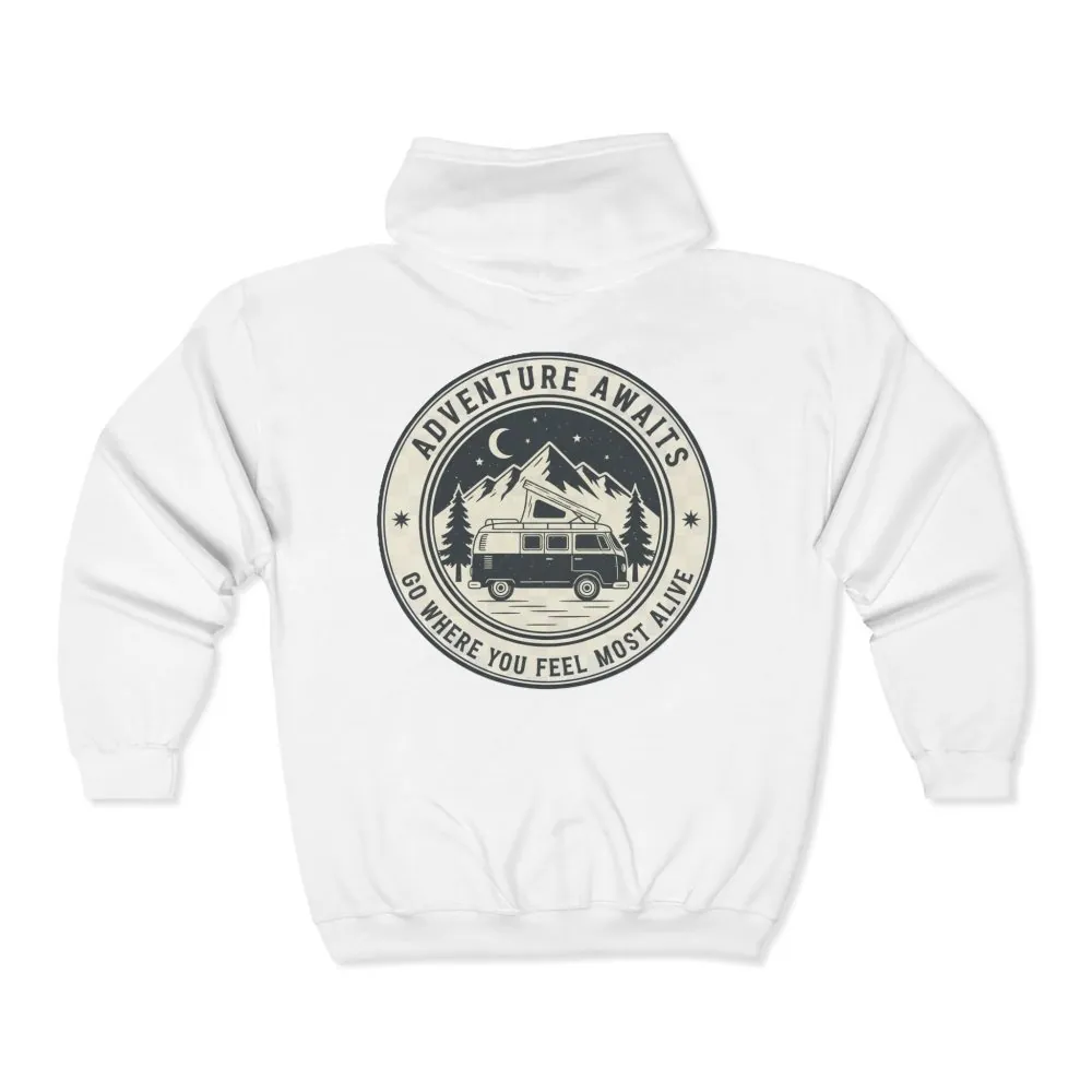 2191854569045935871_2048.jpeg Zip Hoodie — "Adventure Awaits-Go Where You Feel Most Alive" (Only Back Printed) Camper Van Adventure Zip-Up