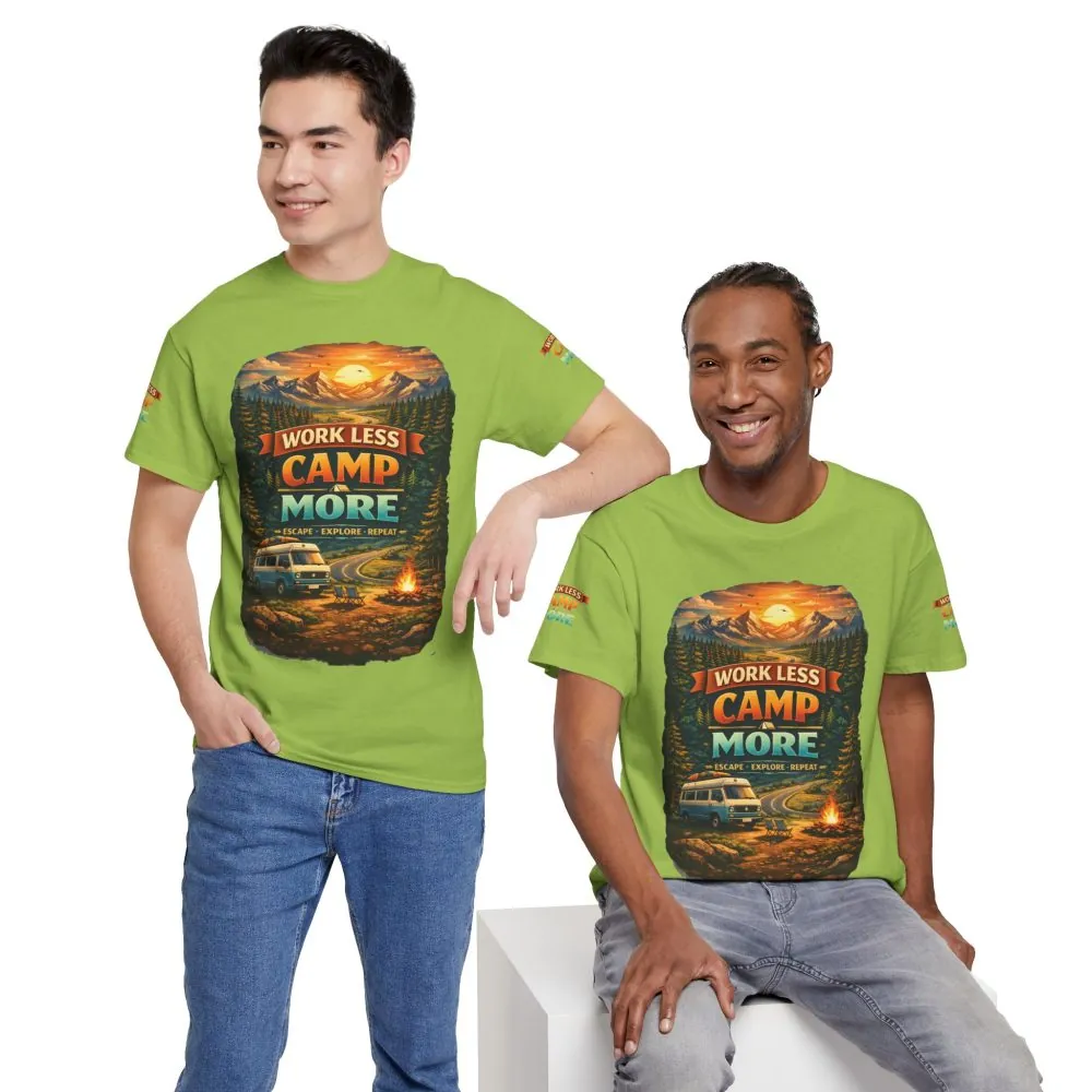 Unisex Heavy Cotton Tee — "Work Less Camp More" Design Scenic-Line