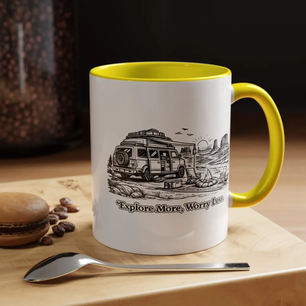 Accent Coffee Mug (11, 15oz) — "Explore More Worry Less" Design Minimal-Line