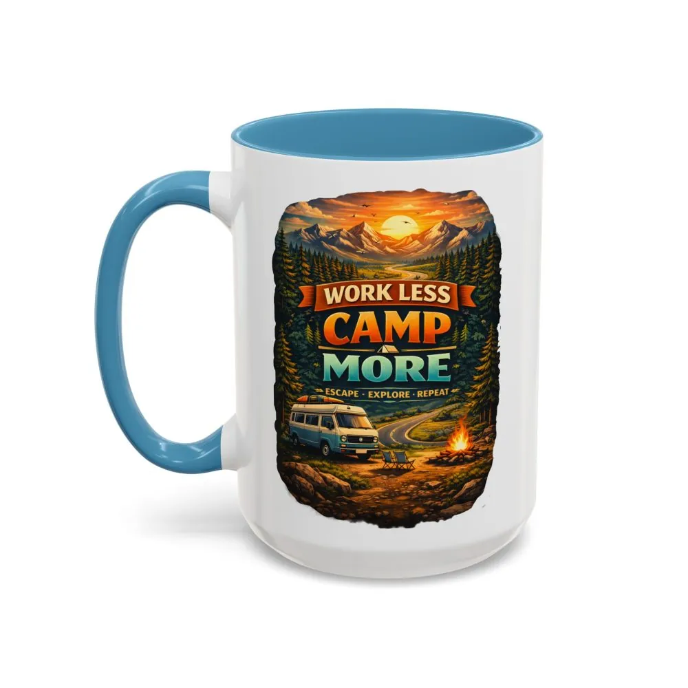 Accent Coffee Mug (11, 15oz) — "Work Less-Camp More" Design Scenic-Line