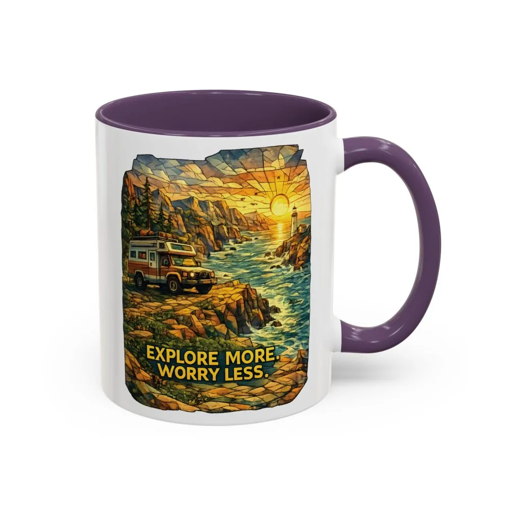 Accent Coffee Mug (11, 15oz) — "Explore More Worry Less" Design Cubic-Line