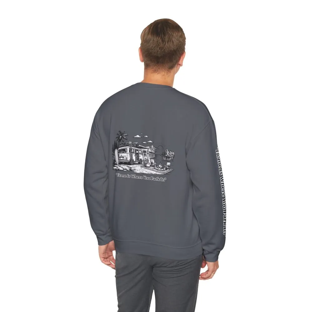 Unisex Heavy Blend™ Crewneck Sweatshirt — "Home Is Where You Park It" Design Minimal-Line