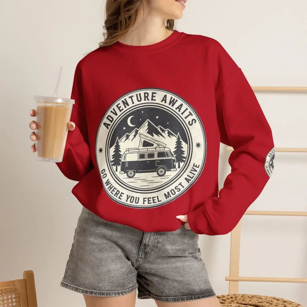 Crewneck Sweatshirt — "Adventure Awaits-Go Where You Feel Most Alive" (Font + Back + Sleaves printed) Vintage Camper Van Outdoor Graphic