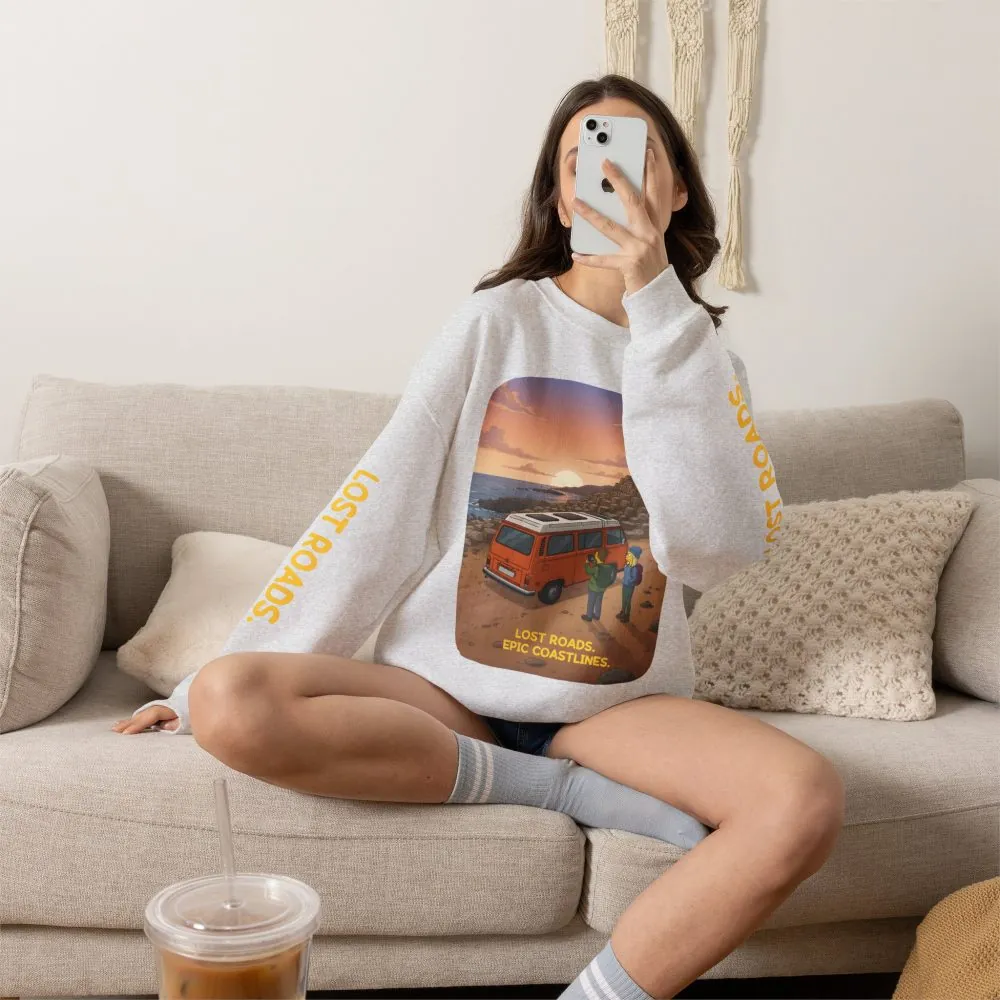 Unisex Heavy Blend™ Crewneck Sweatshirt — "Lost Roads Epic Coastlines" Design Sitcom-Line