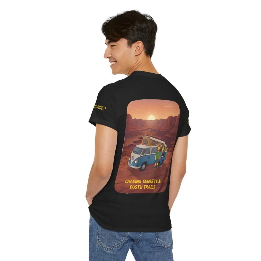 Unisex Heavy Cotton Tee — "Chasing Sunsets And Dusty Trails" Design Sitcom-Line