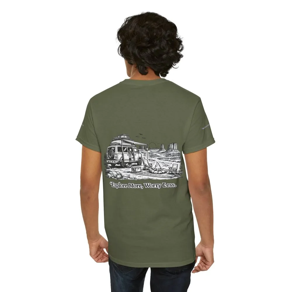 Unisex Heavy Cotton Tee — "Explore More Worry Less" Design Minimal-Line