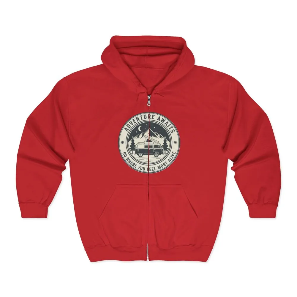 Zip Hoodie — "Adventure Awaits-Go Where You Feel Most Alive" (Only Front Printed) Camper Van Adventure Zip-Up