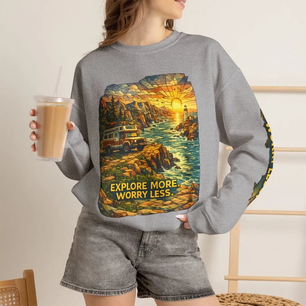 Unisex Heavy Blend™ Crewneck Sweatshirt — "Explore More Worry Less" Design Cubic-Line