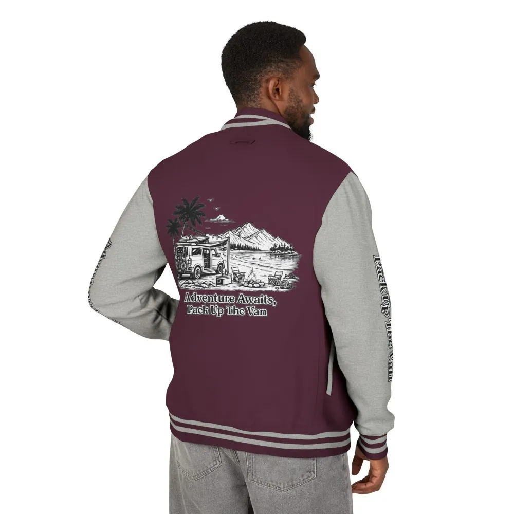 Unisex Heavyweight Letterman Jacket — "Adventure Awaits,Pack Up The Van" Travel Varsity Coat