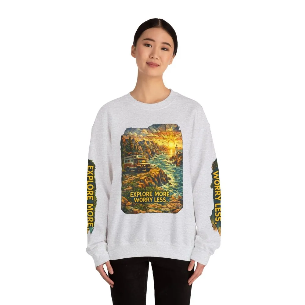 Unisex Heavy Blend™ Crewneck Sweatshirt — "Explore More Worry Less" Design Cubic-Line