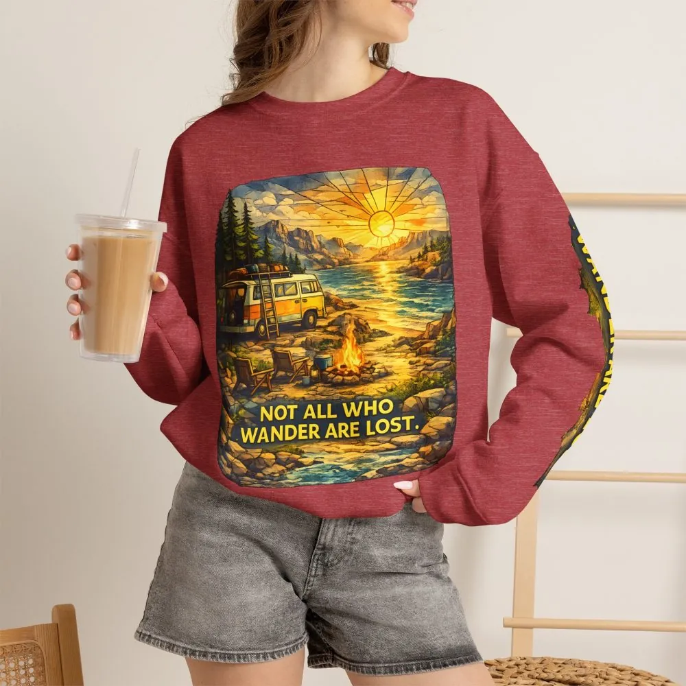 Unisex Heavy Blend™ Crewneck Sweatshirt — "Not All Who Wander Are Lost" Design Cubic-Line