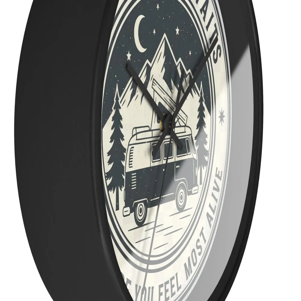 2337142532020551832_2048.jpeg Wall Clock — "Adventure Awaits-Go Where You Feel Most Alive" Camper Van Mountain Travel Timepiece