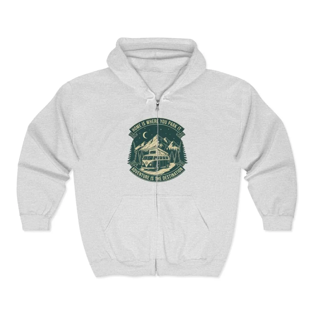 2339576628101934327_2048.jpeg Zip Hoodie — "Home Is Where You Park It-Adventure is the destination"(Front + Back Printed) Camper Van Adventure Zip-Up