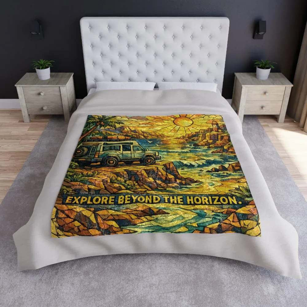 Crushed Velvet Blanket —"Explore Beyond The Horizon" Design Cubic-Line(Campervan)