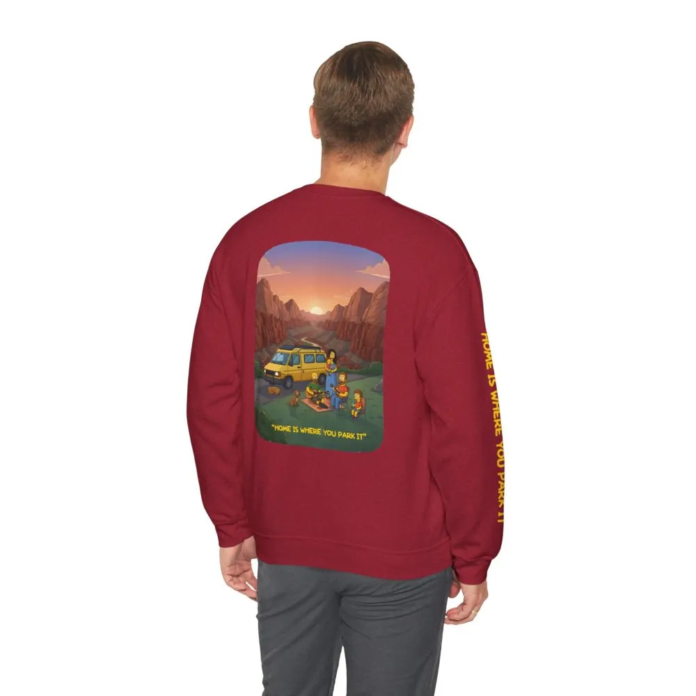 Unisex Heavy Blend™ Crewneck Sweatshirt — "Home Is Where You Park It" Design Sitcom-Line
