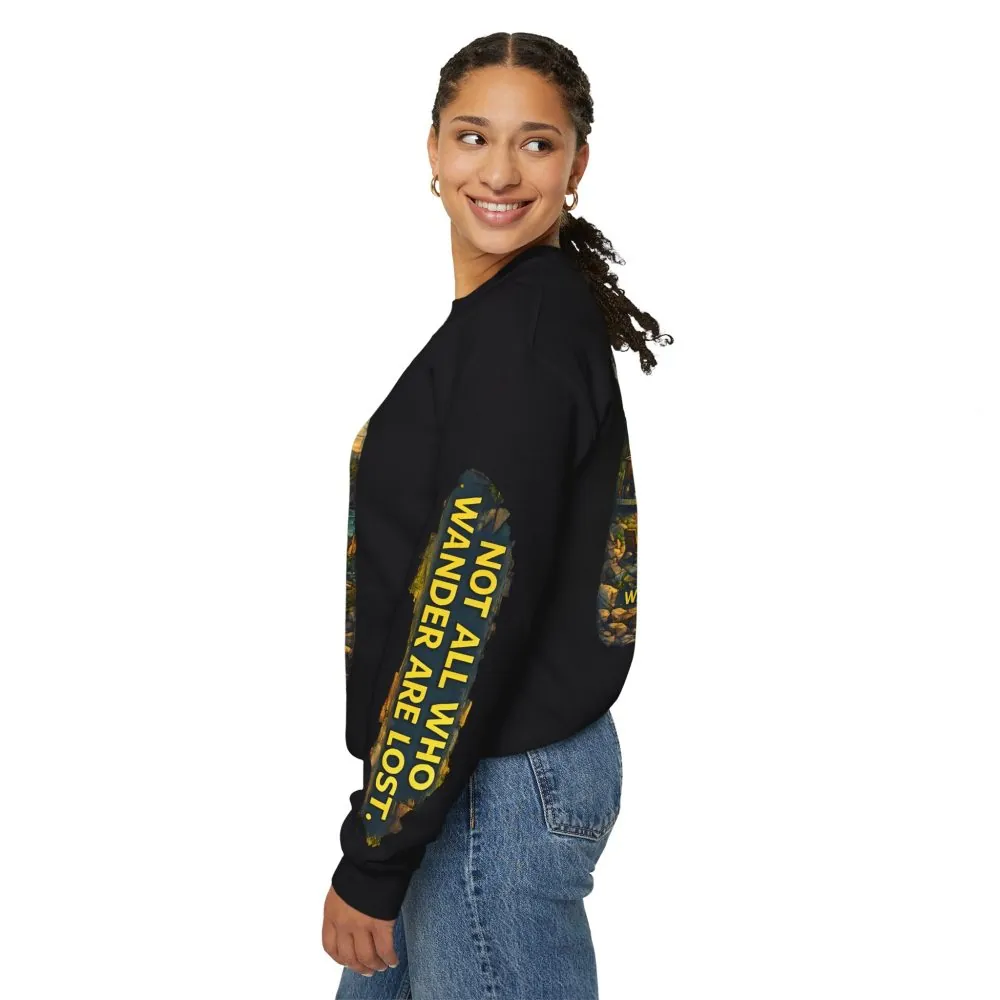Unisex Heavy Blend™ Crewneck Sweatshirt — "Not All Who Wander Are Lost" Design Cubic-Line