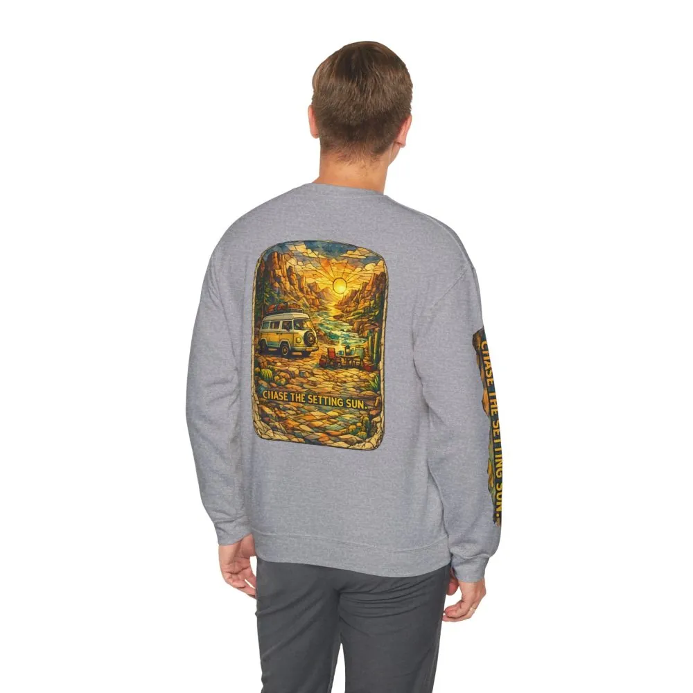 Unisex Heavy Blend™ Crewneck Sweatshirt — "Chase The Settings Sun" Design Cubic-Line