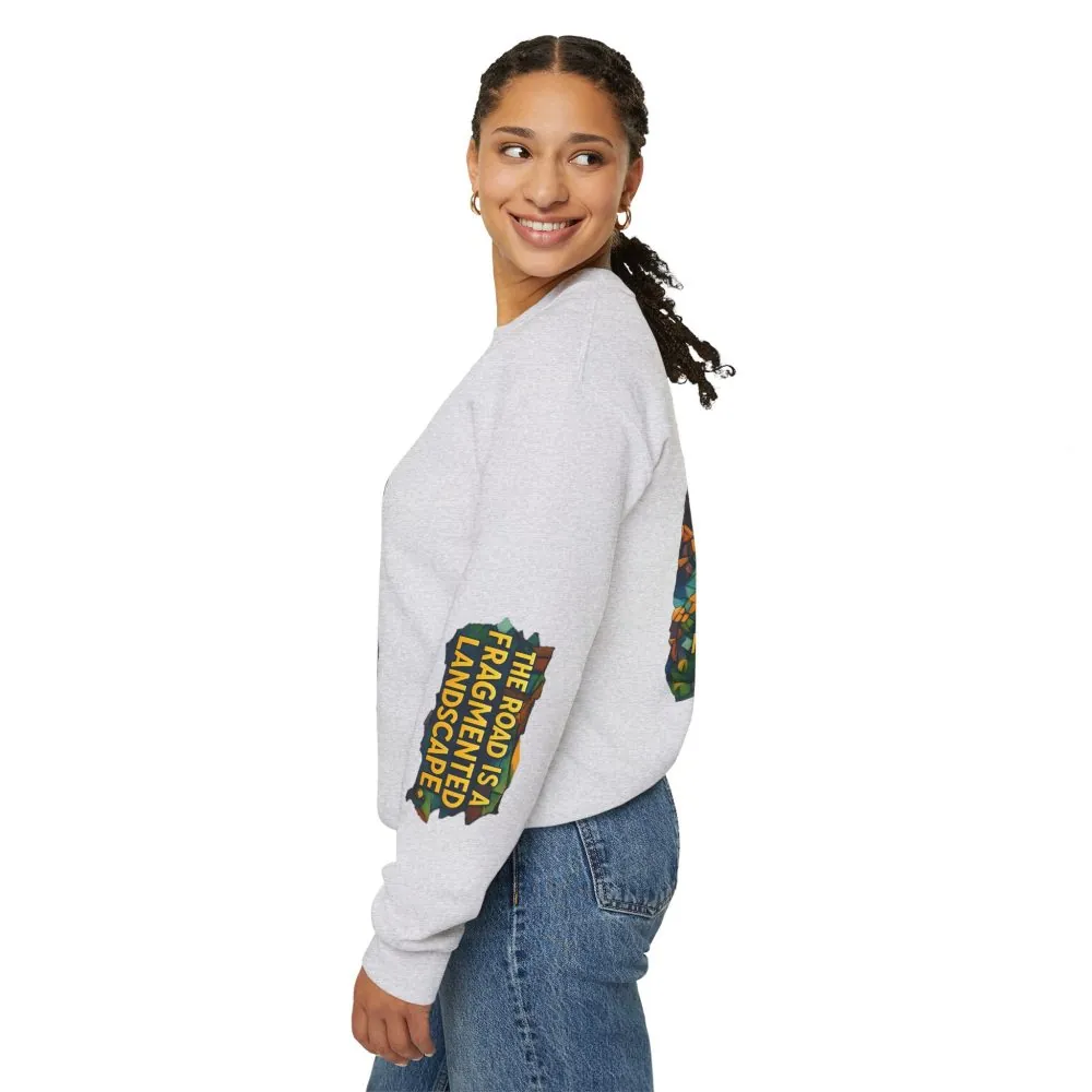 Unisex Heavy Blend™ Crewneck Sweatshirt — "The Road Is A Fragmented Landscape" Design Cubic-Line