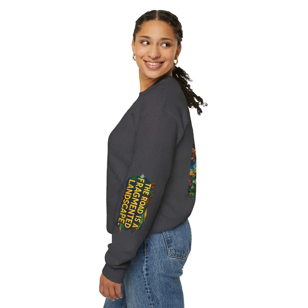 Unisex Heavy Blend™ Crewneck Sweatshirt — "The Road Is A Fragmented Landscape" Design Cubic-Line