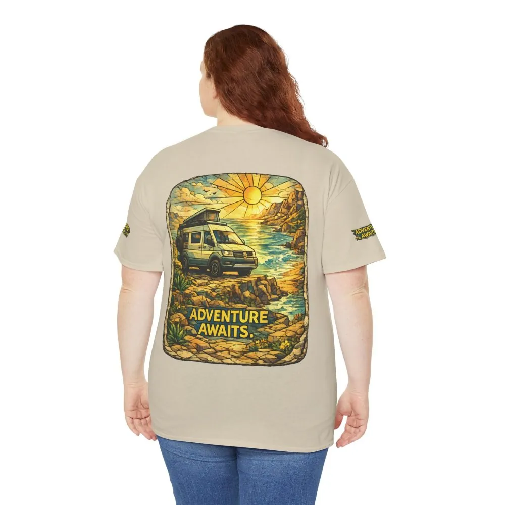 Unisex Heavy Cotton Tee — "Adventure Awaits" Design Cubic-Line