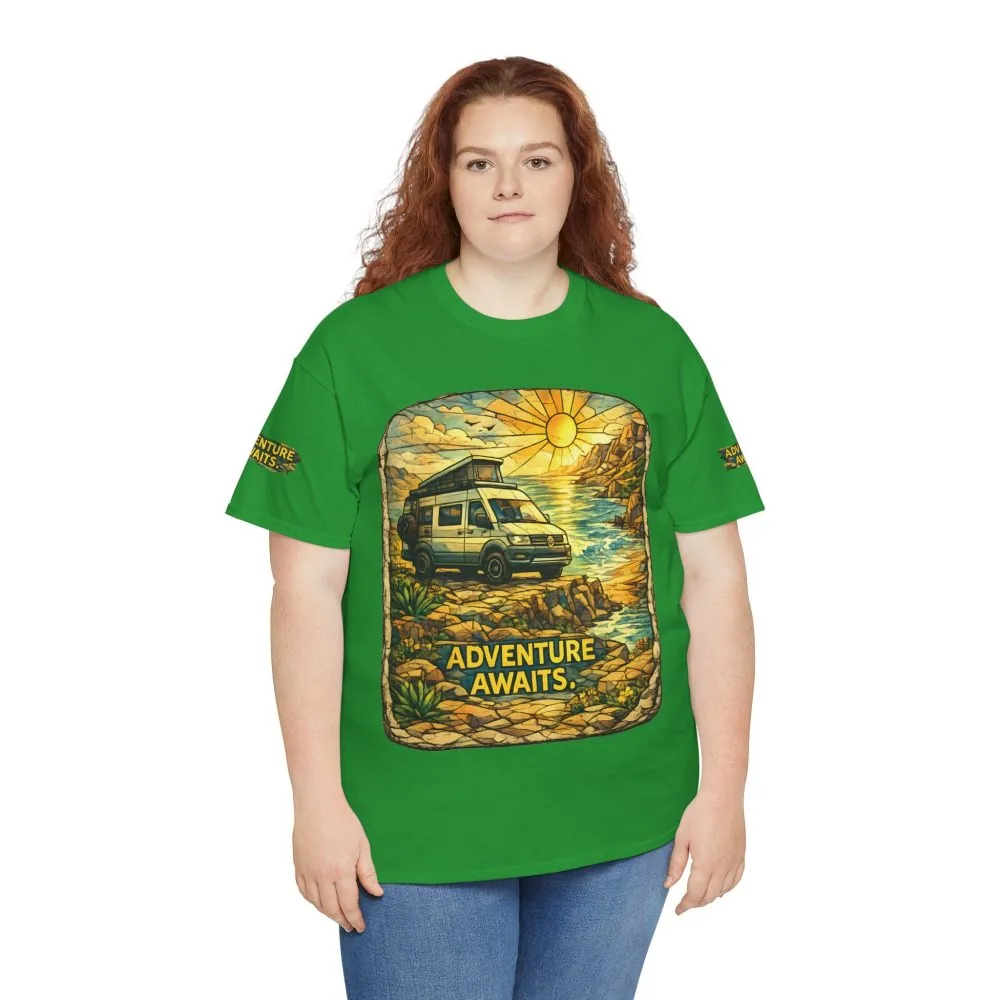 Unisex Heavy Cotton Tee — "Adventure Awaits" Design Cubic-Line